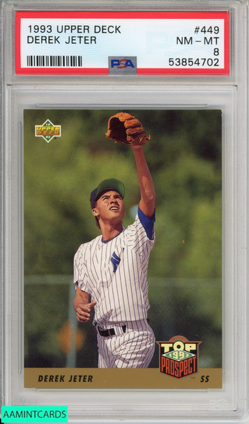 1993 UPPER DECK DEREK JETER #449 ROOKIE HOF NEW YORK YANKEES RC PSA 8 NM-MT 53854702 1993 UPPER DECK DEREK JETER #449 ROOKIE HOF NEW YORK YANKEES RC PSA 8 NM-MT 53854702