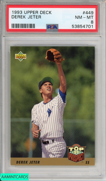 1993 UPPER DECK DEREK JETER #449 ROOKIE HOF NEW YORK YANKEES RC PSA 8 NM-MT 53854701 1993 UPPER DECK DEREK JETER #449 ROOKIE HOF NEW YORK YANKEES RC PSA 8 NM-MT 53854701