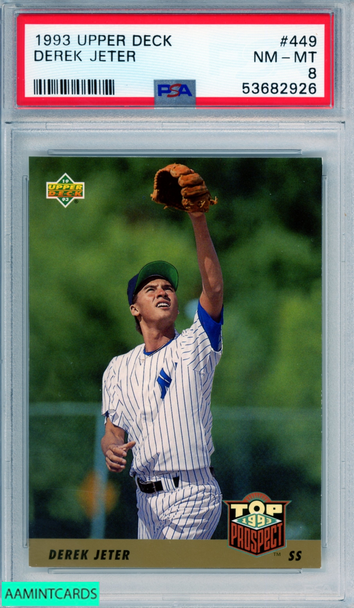 1993 UPPER DECK DEREK JETER #449 ROOKIE HOF NEW YORK YANKEES RC PSA 8 NM-MT 53682926 1993 UPPER DECK DEREK JETER #449 ROOKIE HOF NEW YORK YANKEES RC PSA 8 NM-MT 53682926