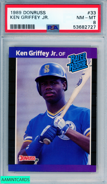 1989 DONRUSS KEN GRIFFEY JR #33 ROOKIE HOF SEATTLE MARINERS RC PSA 8 NM-MT 53682727 1989 DONRUSS KEN GRIFFEY JR #33 ROOKIE HOF SEATTLE MARINERS RC PSA 8 NM-MT 53682727