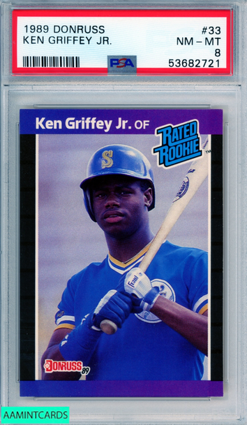 1989 DONRUSS KEN GRIFFEY JR #33 ROOKIE HOF SEATTLE MARINERS RC PSA 8 NM-MT 53682721 1989 DONRUSS KEN GRIFFEY JR #33 ROOKIE HOF SEATTLE MARINERS RC PSA 8 NM-MT 53682721