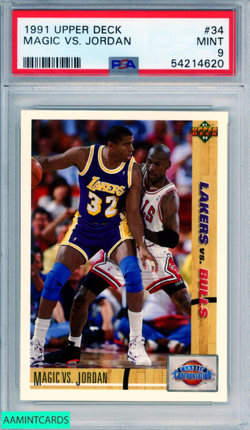 1991 UPPER DECK MAGIC VS JORDAN #34 HOF LAKERS BULLS PSA 9 MINT 54214620 1991 UPPER DECK MAGIC VS JORDAN #34 HOF LAKERS BULLS PSA 9 MINT 54214620