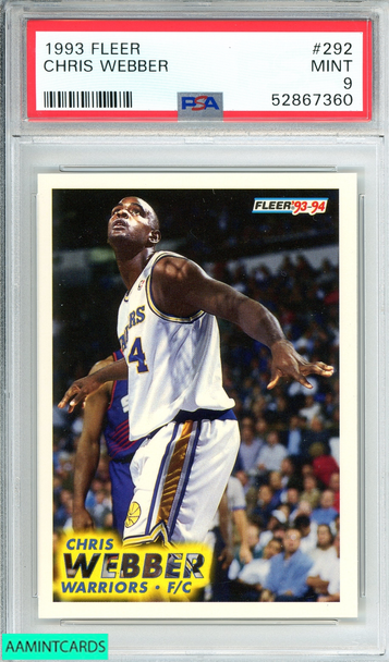 1993 FLEER CHRIS WEBBER #292 GOLDEN STATE WARRIORS ROOKIE RC PSA 9 MINT 52867360 1993 FLEER CHRIS WEBBER #292 GOLDEN STATE WARRIORS ROOKIE RC PSA 9 MINT 52867360