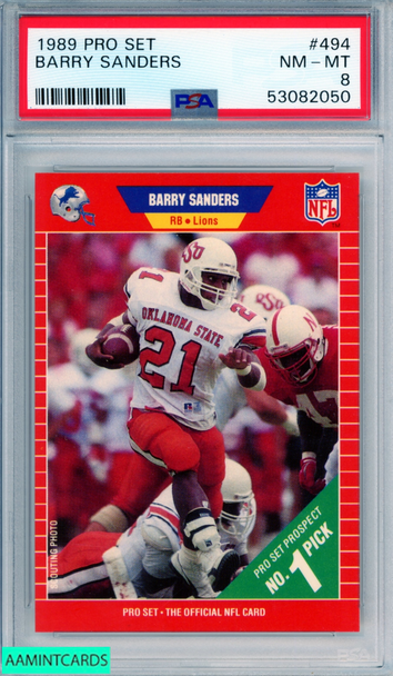 1989 PRO SET BARRY SANDERS #494 ROOKIE HOF DETROIT LIONS RC PSA 8 NM-MT 53082050 1989 PRO SET BARRY SANDERS #494 ROOKIE HOF DETROIT LIONS RC PSA 8 NM-MT 53082050
