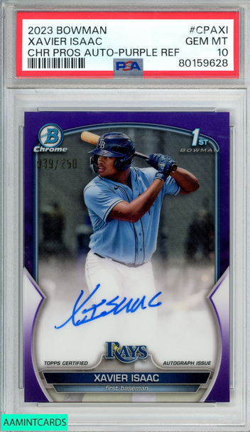 2023 BOWMAN CHROME PROSPECT AUTO XAVIER ISAAC #CPAXI PURPLE OF 250 1ST RC PSA 10 80159628