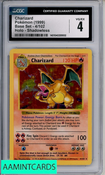 1999 POKEMON BAS SET CHARIZARD #4 HOLO SHADOWLESS CGC 4 1401040289002