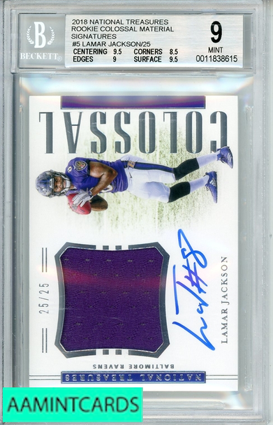 2018 NATL TREASURES ROOKIE COLOSSAL SIGS LAMAR JACKSON #RCS-LJ BGS 9 0011838615