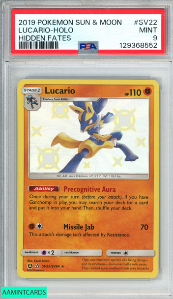 2019 POKEMON SUN AND MOON HIDDEN FATES LUCARIO HOLO #SV22 PSA 9 MINT 129368552