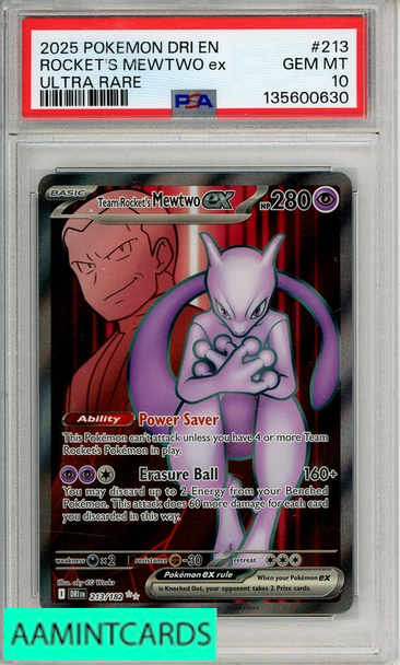 2025 POKEMON DRI EN-DEST RIV ROCKETS MEWTWO EX #213 ULT RARE PSA 10 135600630