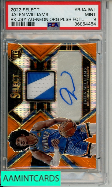 2022 SELECT ROOKIE JERSEY AUTO JALEN WILLIAMS #RJAJWL NEON ORG PLS FOTL PSA 9 RC 86854454