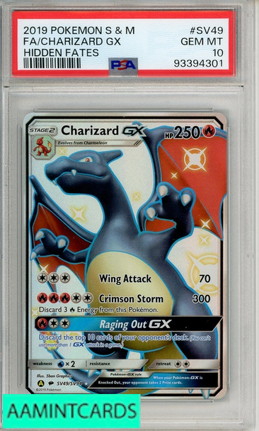 2019 POKEMON SUN MOON HIDDEN FATES FA CHARIZARD GX #SV49  PSA 10 GEM MT 93394301