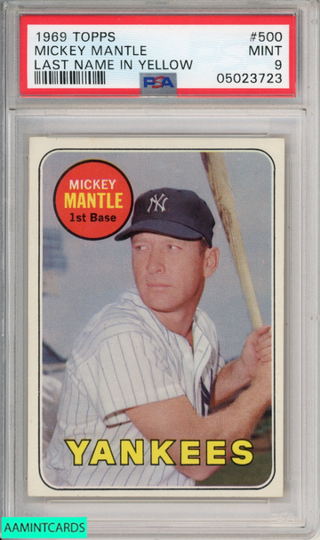 1969 TOPPS MICKEY MANTLE #500 LAST NAME IN YELLOW YANKEES HOF PSA 9 MINT 05023723