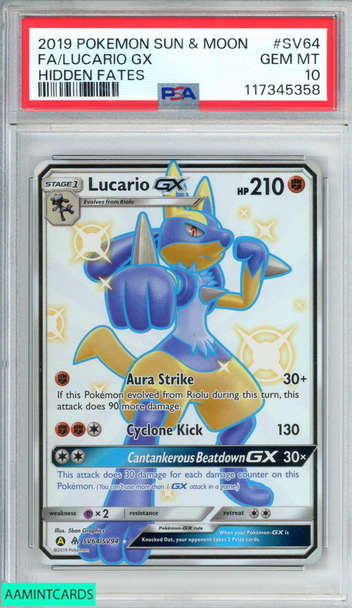 2019 POKEMON SUN AND MOON HIDDEN FATES FA LUCARIO GX #SV64 PSA 10 GEM MT 117345358