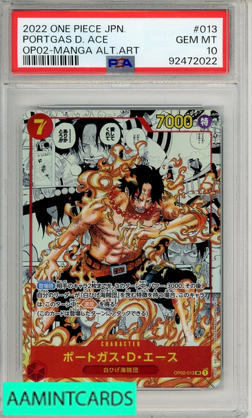2022 ONE PIECE JP OP02-PARAMOUNT WAR PORTGAS D ACE #013 MANGA ALT ART PSA 10 92472022