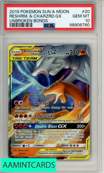 2019 POKEMON SUN MOON UNBROKEN BONDS RESHRM  CHARZRD GX #20 PSA 10 GEM MT 98806760
