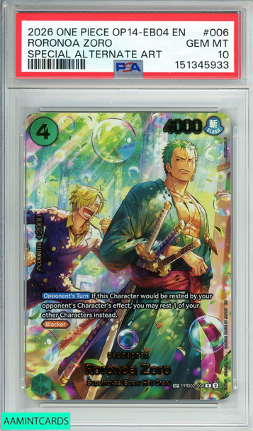 2026 ONE PIECE OP14-EB04-AZURE SEAS SEVEN RORONOA ZORO#006 SP ALT ART PSA 10 151345933