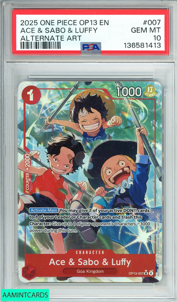 2025 ONE PIECE OP13-EN ACE SABO LUFFY #007 ALTERNATE ART PSA 10 GEM MT 136581413