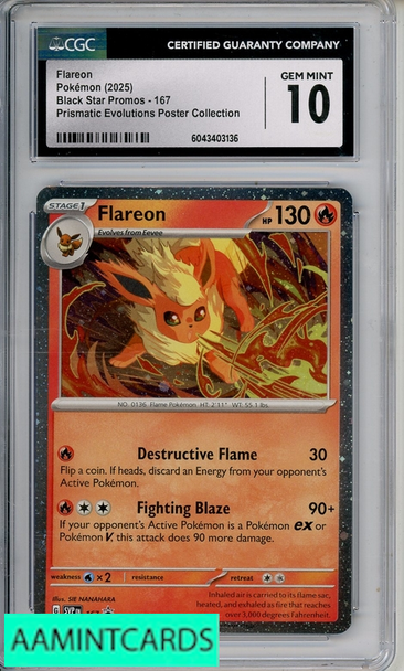 2025 POKEMON BSP PRISMATIC EVO  POSTER COLL FLAREON #167 CGC 10 6043403136
