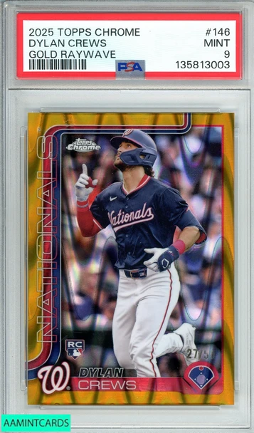 2025 TOPPS CHROME DYLAN CREWS #146 GOLD RAYWAVE 27 OF 50 RC PSA 9 MINT 135813003