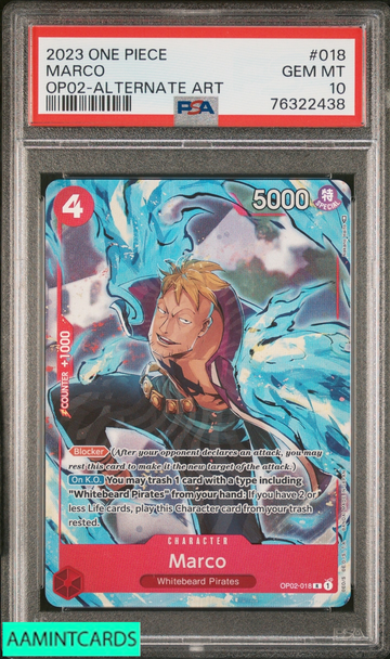 2023 ONE PIECE OP02-PARAMOUNT WAR MARCO #018 ALTERNATE ART PSA 10 GEM MT 76322438