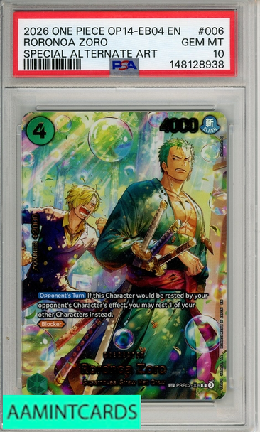 2026 ONE PIECE OP14-EB04 AZURE SEAS SEVEN RORONOA ZORO #006 SPL ALT ART PSA 10 148128938