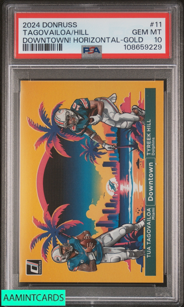 2024 PANINI DONRUSS DOWNTOWN! HORIZONTAL TAGOVAILOA HILL #11 GOLD 6 OF 10 PSA 10 108659229