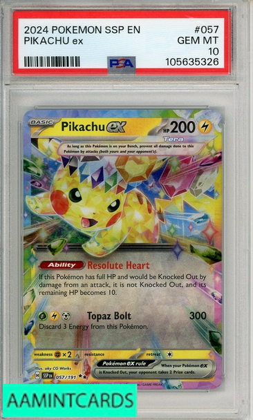 2024 POKEMON SSP EN-SURGING SPARKS PIKACHU EX #057 PSA 10 GEM MT 105635326