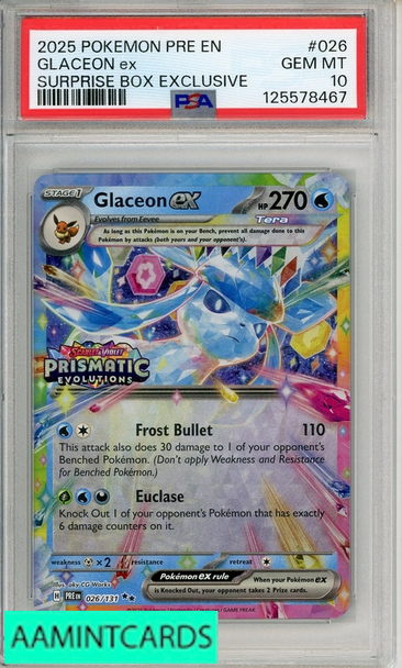 2025 POKEMON PRE EN-PRISMATIC EVO GLACEON EX #026 SURPRISE BOX EXCLUSIVE PSA 10 125578467