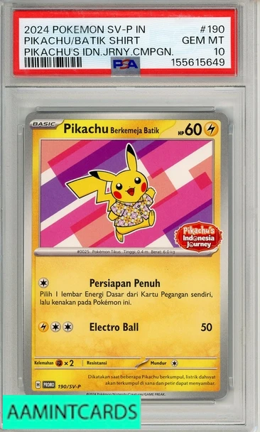 2024 POKEMON INDO SV-P PIKACHU BATIK SHIRT #190 PIKACHUS IDN JRNY CMPGN PSA 10 155615649