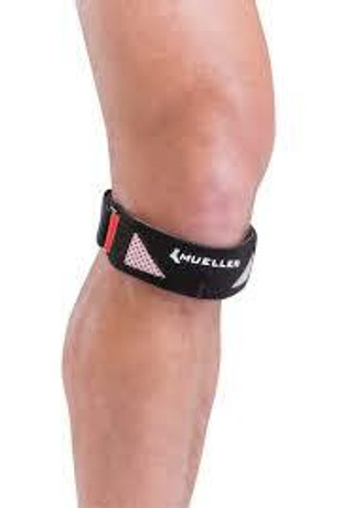 A black knee strap tied around the lower part of the knee