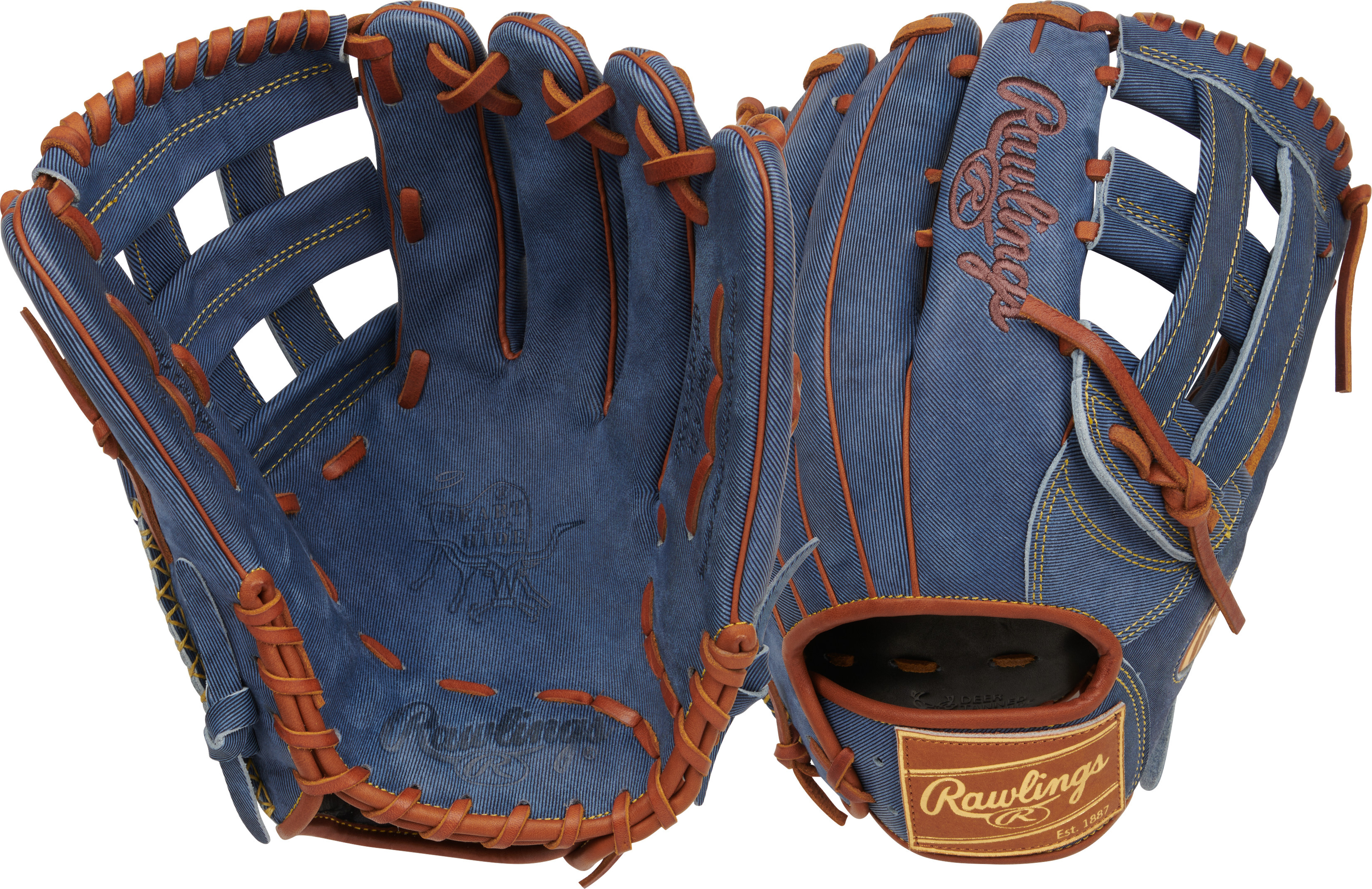 The New Rawlings Heart of The Hide Pro Label Denim Glove. It has a brown pocket, and the rest is made out of blue denim.