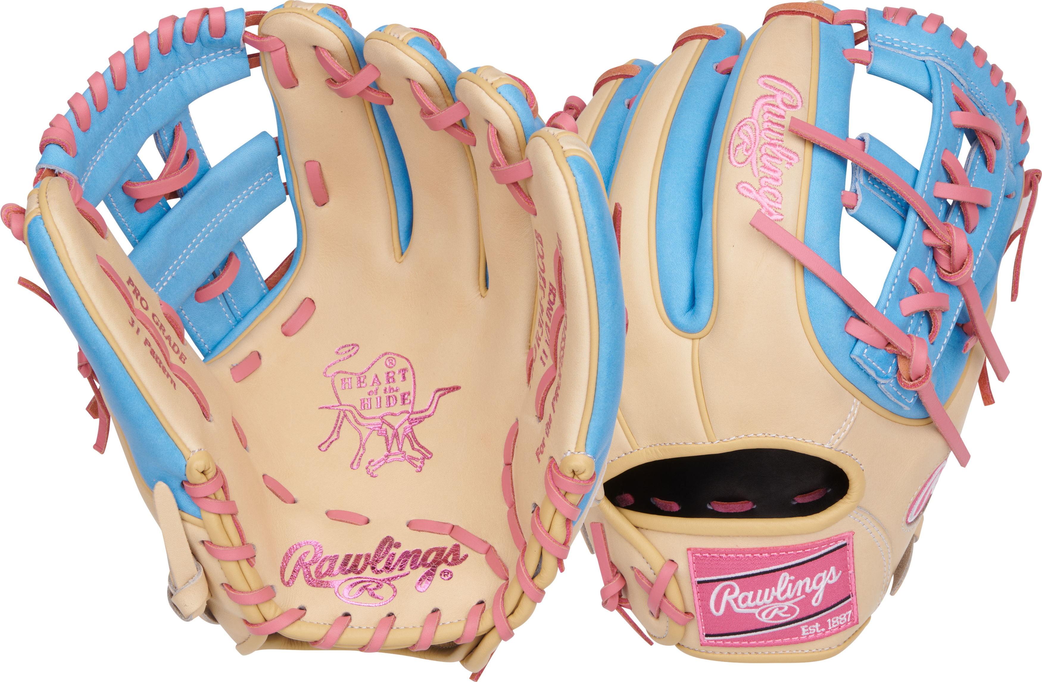 A Rawlings Heart of The Hide Glove in a cream colorway with blue and pink accents
