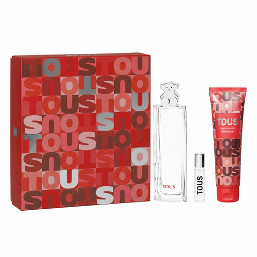 Set Tous for Women Eau de Toilette: perfume 90 ml, atomizador de viaje 10 ml y loción corporal 150 ml en estuche ColorLetters rojo.