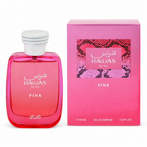 Rasasi Hawas Pink For Her Eau de Parfum 100 ml, frasco y caja sobre fondo blanco