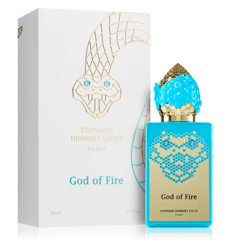 Stéphane Humbert Lucas God of Fire Eau de Parfum 50 ml; caja a la izquierda y frasco de frente sobre fondo blanco.