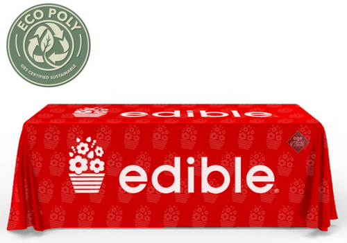 Eco friendly tablecloth solutions for eco friendly companies and brands in 8 foot sizes edibles example in red