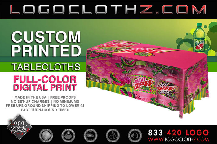 custom drape table cover with mountain dew logo