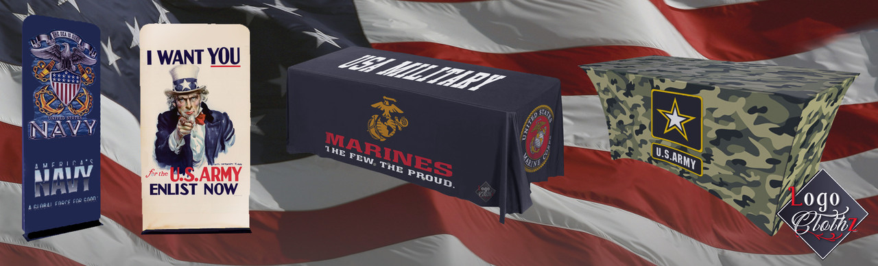 Custom printed military display graphics: a US Navy banner, a US Army recruitment banner, a Marines table throw and a camouflage US Army stretch table cover
