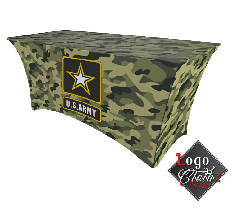 Camouflage stretch table cover printed with the U.S. Army star logo