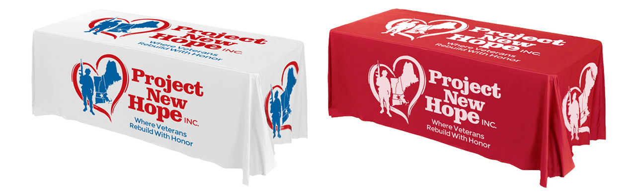 Project New Hope Inc. custom printed table throws in white and red, branded 'Where Veterans Rebuild With Honor'