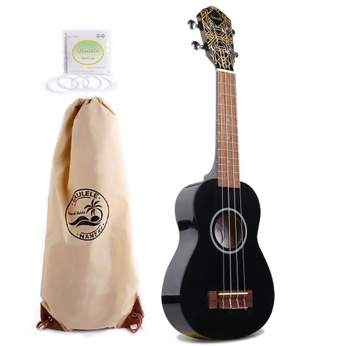 Naneki Soprano Ukulele 21 in Black Child Kid Ukeleles Beginner Bunch with Bag, Instruction Book for Kids Adults Starter(Mini Kids Guitar Black)