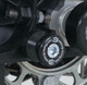 R&G Racing M10 Cotton Reels Paddock Stand Bobbins shown fitted to a motorcycle