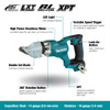 Makita DJS200Z 18V LXT Cordless Brushless 14 Gauge Straight Shears (Tool Only) showing  features of the shears in English Makita DJS200Z 18V LXT Cordless Brushless 14 Gauge Straight Shears (Tool Only) showing  features of the shears in English