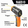Klein Tools IR1 10:1 Infrared Digital Thermometer with Targeting Laser showing features Klein Tools IR1 10:1 Infrared Digital Thermometer with Targeting Laser showing features
