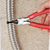 Milwaukee 48-22-6108 8 inch Comfort Grip Diagonal Pliers showing in use cutting zip-tie off of BX cable Milwaukee 48-22-6108 8 inch Comfort Grip Diagonal Pliers showing in use cutting zip-tie off of BX cable