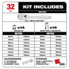 Milwaukee 48-22-9508 32pc Metric 3/8-inch Drive Ratchet & Socket Set showing inclusions of the set Milwaukee 48-22-9508 32pc Metric 3/8-inch Drive Ratchet & Socket Set showing inclusions of the set