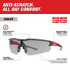 Milwaukee 48-73-2105 Anti-Scratch Gray Safety Glasses showing features of the glasses Milwaukee 48-73-2105 Anti-Scratch Gray Safety Glasses showing features of the glasses