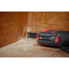 Milwaukee 49-25-1203 OPEN-LOK 1-1/4-inch Universal Fit Titanium Enhanced Bi-Metal Multi-Material Cutting Multi-Tool Oscillating Blade showing in use cutting a notch out off of wood sheet good Milwaukee 49-25-1203 OPEN-LOK 1-1/4-inch Universal Fit Titanium Enhanced Bi-Metal Multi-Material Cutting Multi-Tool Oscillating Blade showing in use cutting a notch out off of wood sheet good