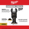 Milwaukee 49-25-1521 OPEN-LOK 1-3/8-inch Universal Fit Titanium Enhanced Carbide Teeth Multi-Material Cutting Multi-Tool Oscillating Blade showing features of the blades Milwaukee 49-25-1521 OPEN-LOK 1-3/8-inch Universal Fit Titanium Enhanced Carbide Teeth Multi-Material Cutting Multi-Tool Oscillating Blade showing features of the blades