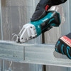 Makita DJS161Z 18V LXT 16ga Metal Straight Shears (Tool Only) showing in use cutting steel studs (Battery sold separately) Makita DJS161Z 18V LXT 16ga Metal Straight Shears (Tool Only) showing in use cutting steel studs (Battery sold separately)